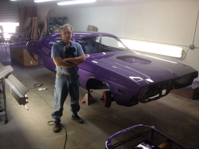 Jim Byrnes and his purple 1973 Challenger ready for reassembly